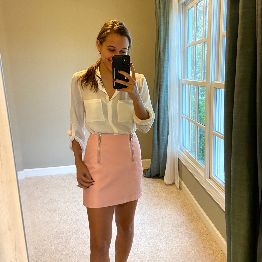 Pink leather mini skirt
